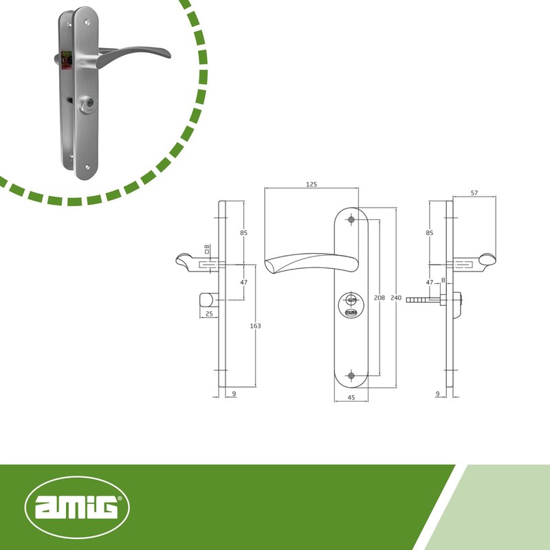 Amig - ISHI Model 46 Door Handle | Brushed Nickel Finish Steel | for Left Doors | 240 x 45mm | Includes 3 Keys | Ideal for Interior Spaces Requiring Privacy