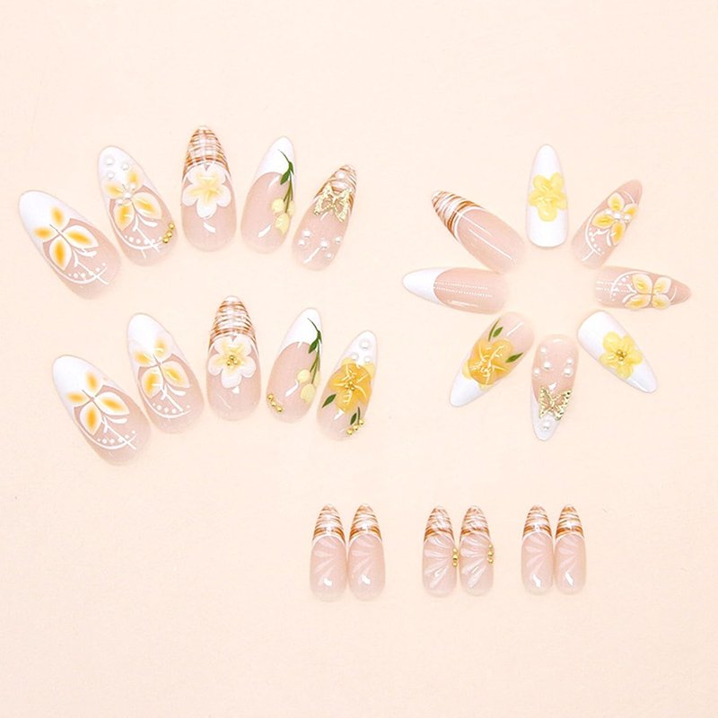 Handmade Press-On Nails - 24Pcs Almond Medium Fake Nails with Pearl Gold Beads & 3D Butterfly Design | Yellow Spring Summer