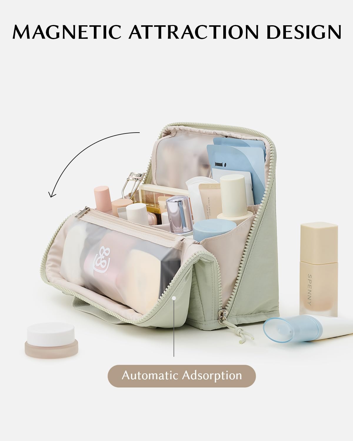 EACHY Standing Makeup Bag - Large Waterproof Cosmetic Bag & Toiletry Bag Organizer with Phone Holder, Detachable Dividers, Wipe-Clean Brush Pouch for Women
