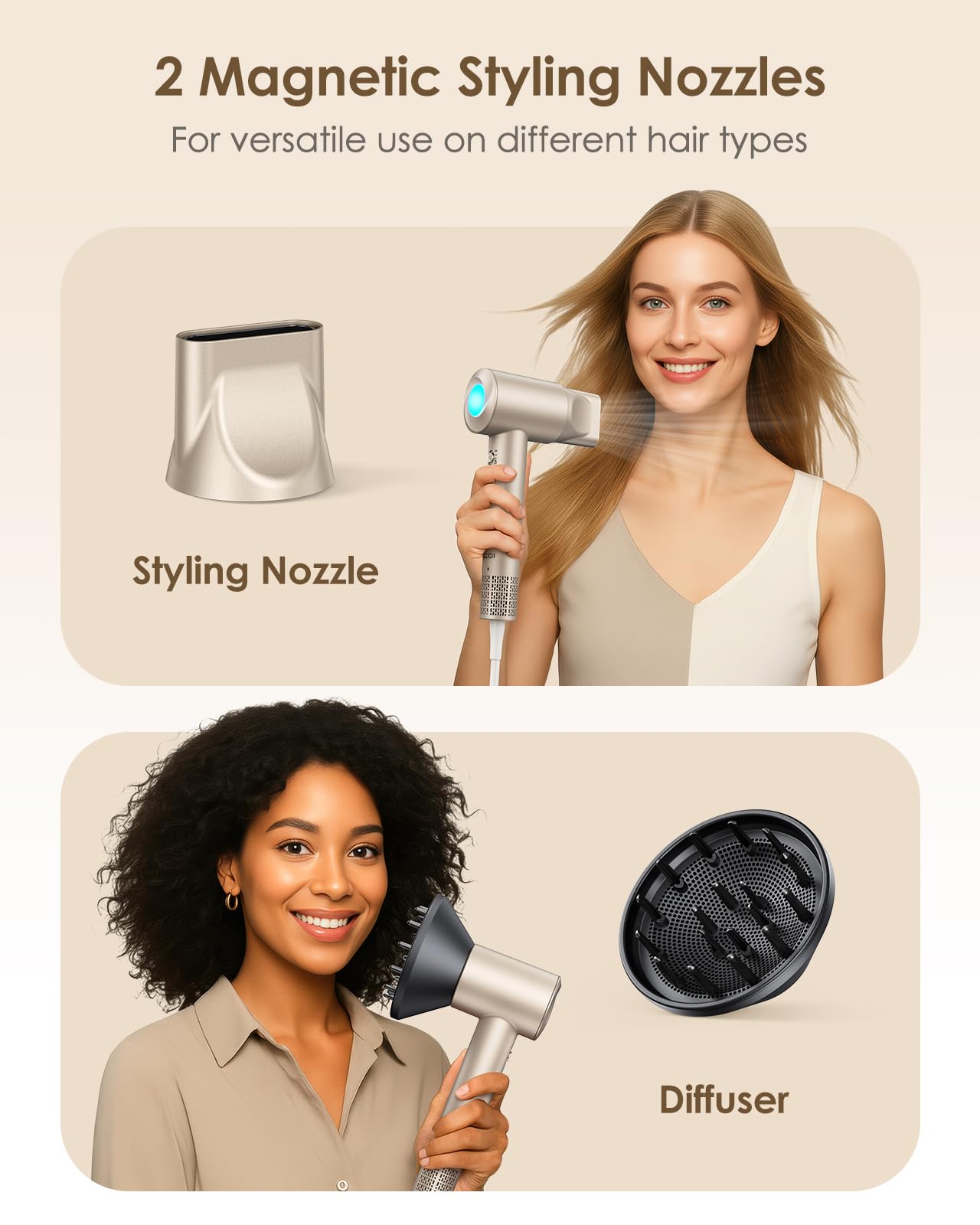 Hair Dryer Ionic with Diffuser - 160,000 RPM Professional High-Speed Blow Dryer, 500M Negative Ions Fast Drying for Women, Lightweight, Low Noise Dryer for Curly or Straight Hair