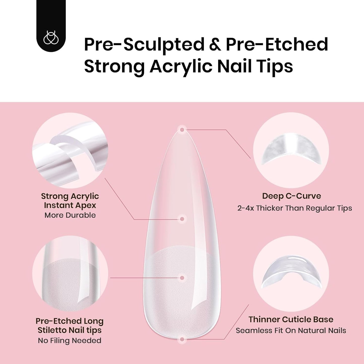 Apex Nail Tips - Stiletto Shape | 192 Pcs Pre-Etched Acrylic in 16 Sizes