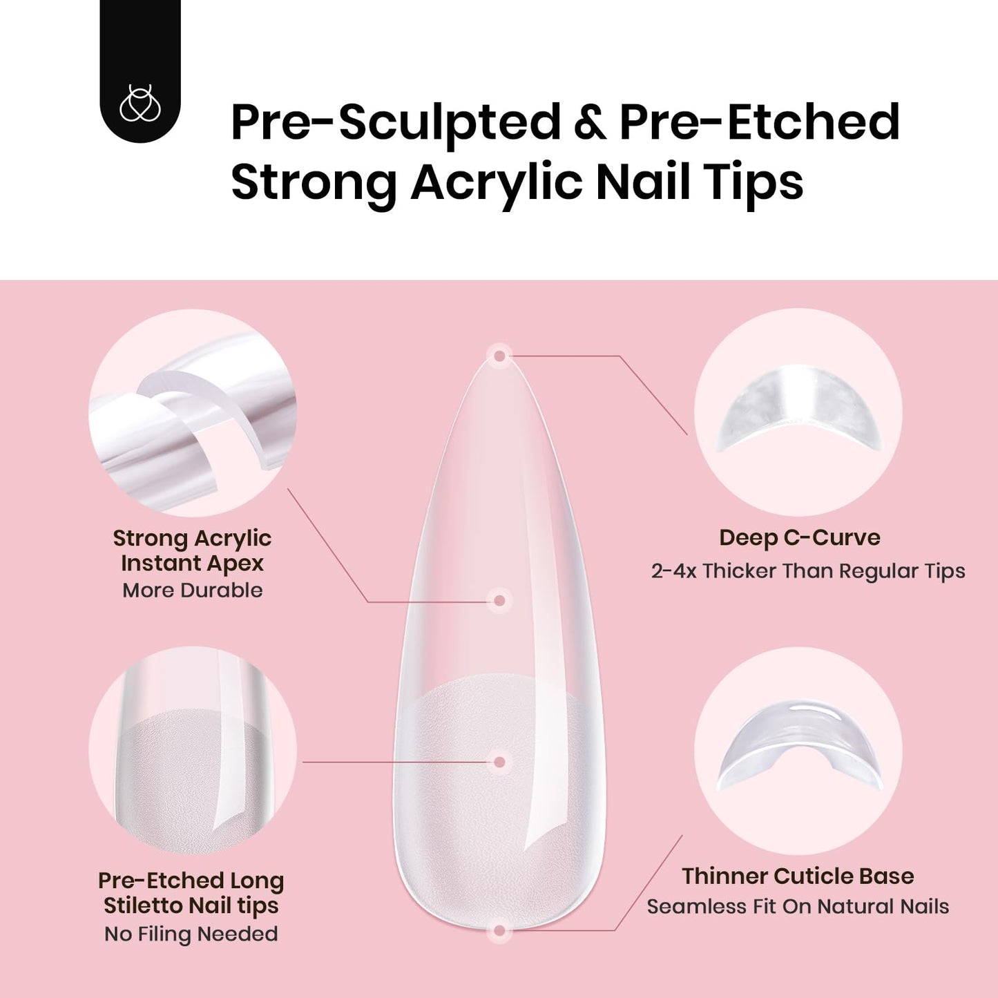 Beetles Tipex Instant Apex Nail Tips, Long Stiletto, 16 Sizes 00–14, 192pcs, No Builder Gel Required, Thicker Strong Acrylic Tips for DIY Salon-look Extensions