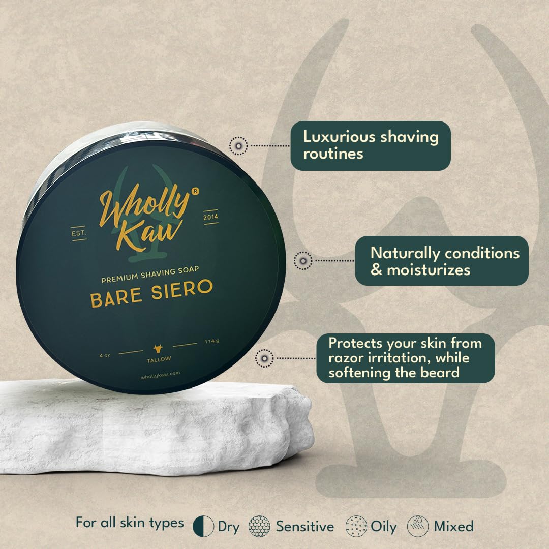 WhollyKaw Unscented Suitable for Sensitive Skin Bare Siero Tallow Shaving Soap Enriched with Donkey Milk, Water Buffalo Milk, Whey Proteins, Omega 3, Hops Extract No Essential Oils No Fragrance.