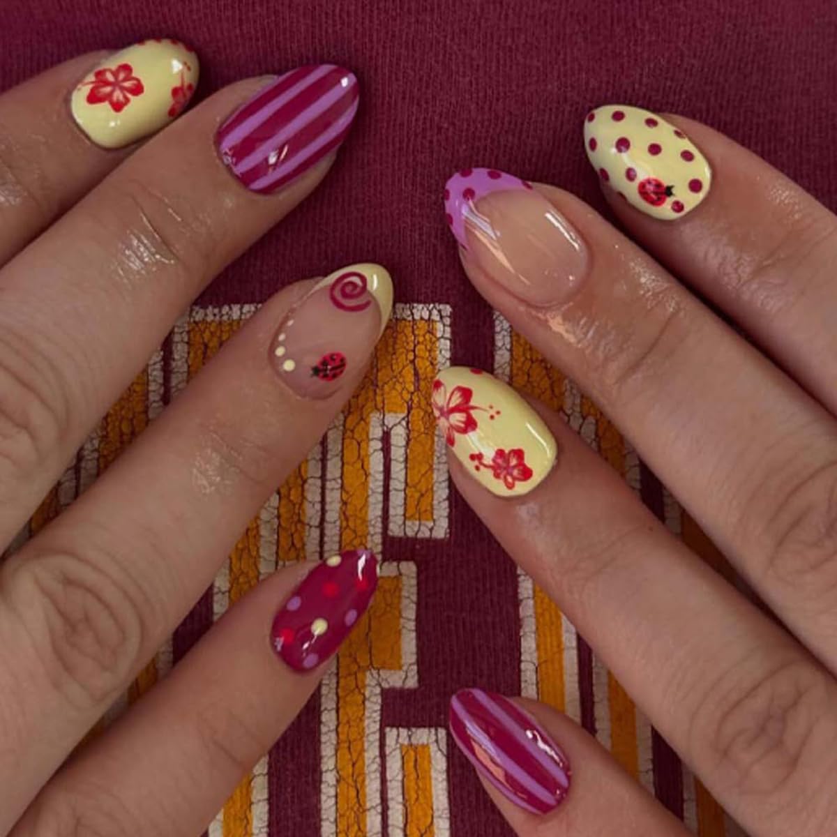 Press On Nails - Short Oval French Tip with Ladybug & Polka Dot Design | 24PCS Glossy Purple Yellow Full Cover