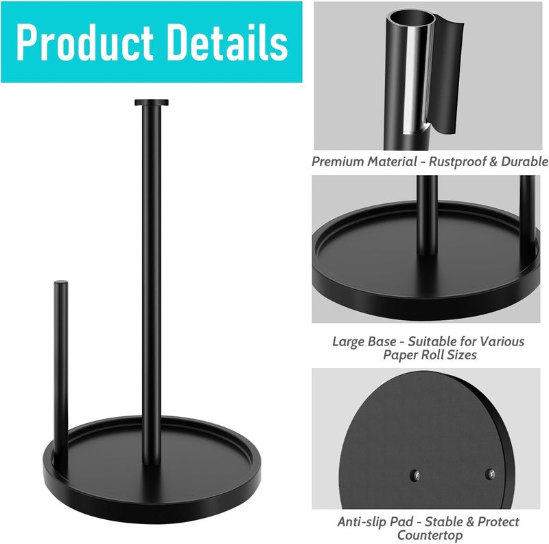 Stainless Steel Paper Towel Holder - Freestanding Design with Anti-Slip Weighted Base | Black Kitchen Accessory