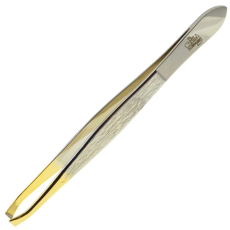 Camila Solingen CS30 3.5 Inches Gold Tipped, Surgical Grade, German Carbon Steel Tweezers (Claw) - Flawless Eyebrow and Facial Hair Shaping and Removal for Men/Women