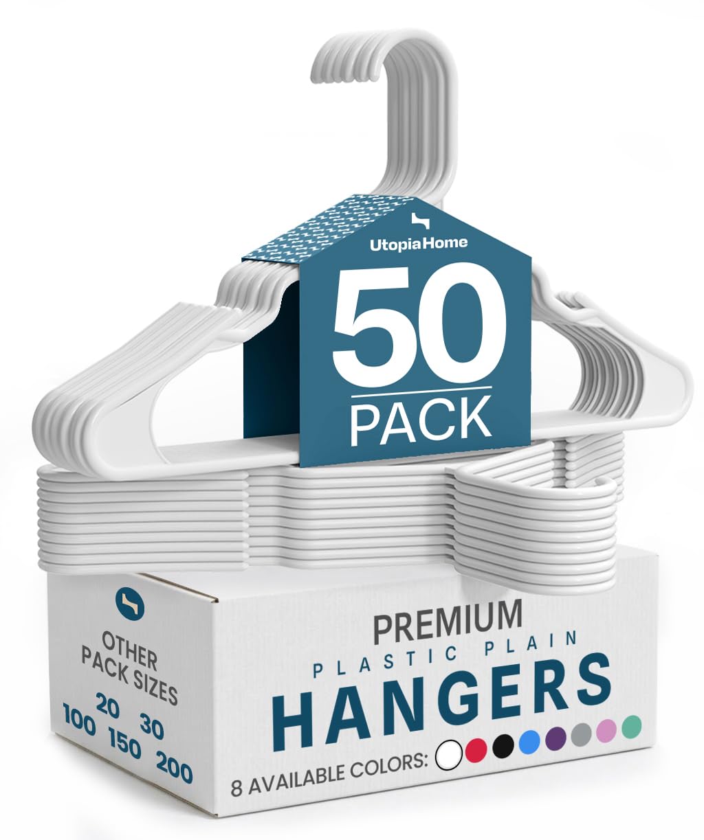 Utopia Home - Plastic Hangers 50 Pack - Space Saving Clothes Hanger - Durable and Strong Closet Organizers and Storage Makes It Ideal Stocking Stuffers or Apartment or Dorm Room Essentials (White)