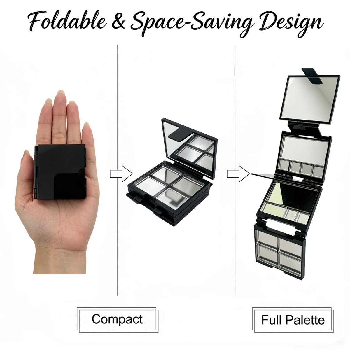 Magnetic Makeup Palette - 3-Layer Foldable Organizer with Dividers & 13 Metal Pans | Black, DIY Depotting Solution
