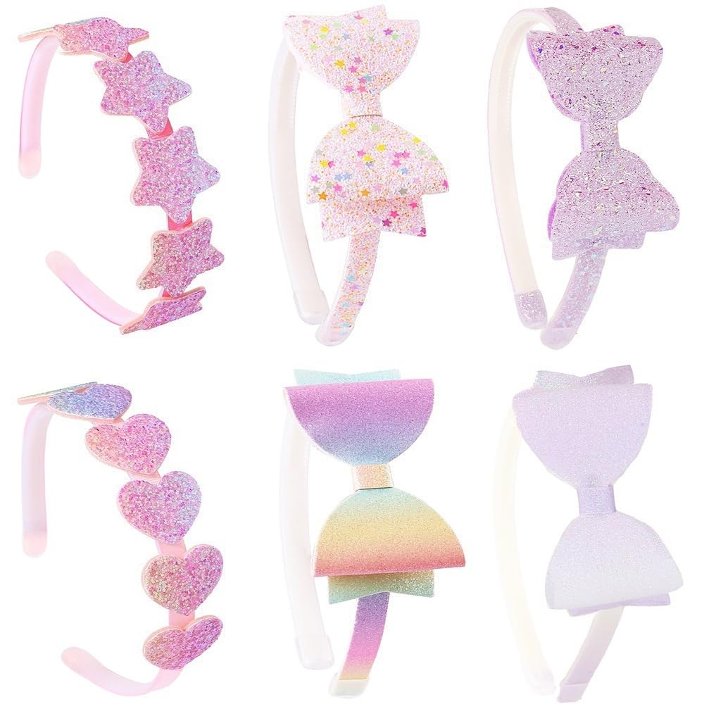 Girls' Headbands Set - Glitter Bow, Flower & Star Hair Accessories | 6 Pcs Cute Hairbands for Kids