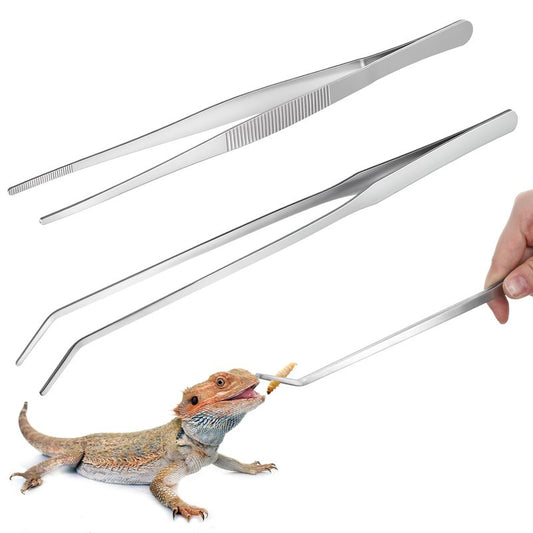 Lnngub 2 Pcs Reptile Feeding Tongs,Stainless Steel Feeding Tongs Aquarium Tweezers 10.5 in Straight & 9.8 in Curved Extra Long Tweezers for Aquarium Terrarium Lizards Snakes Bearded Dragon