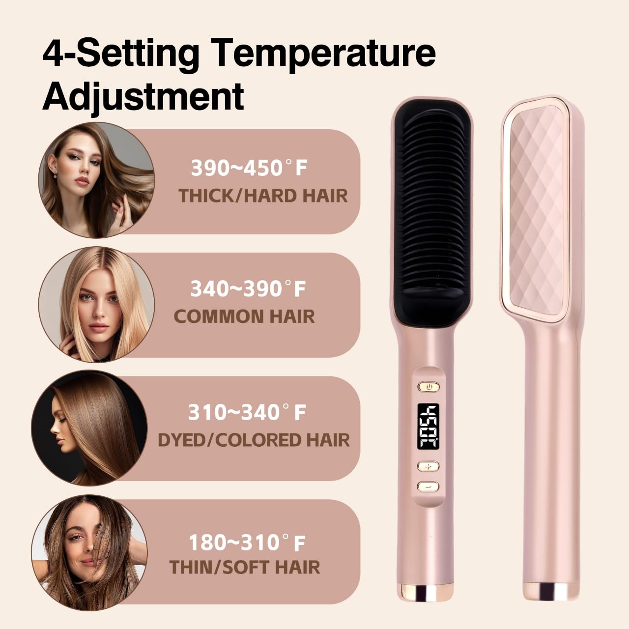 Hair Straightener Brush, Ring Sleek Sweep Ionic Hair Straightener Comb Straightening Brush for Women with 4 Temps,Anti-Scald Ceramic Hair Straightener Comb,20s Fast Heating & Dual Voltage, Rose Gold
