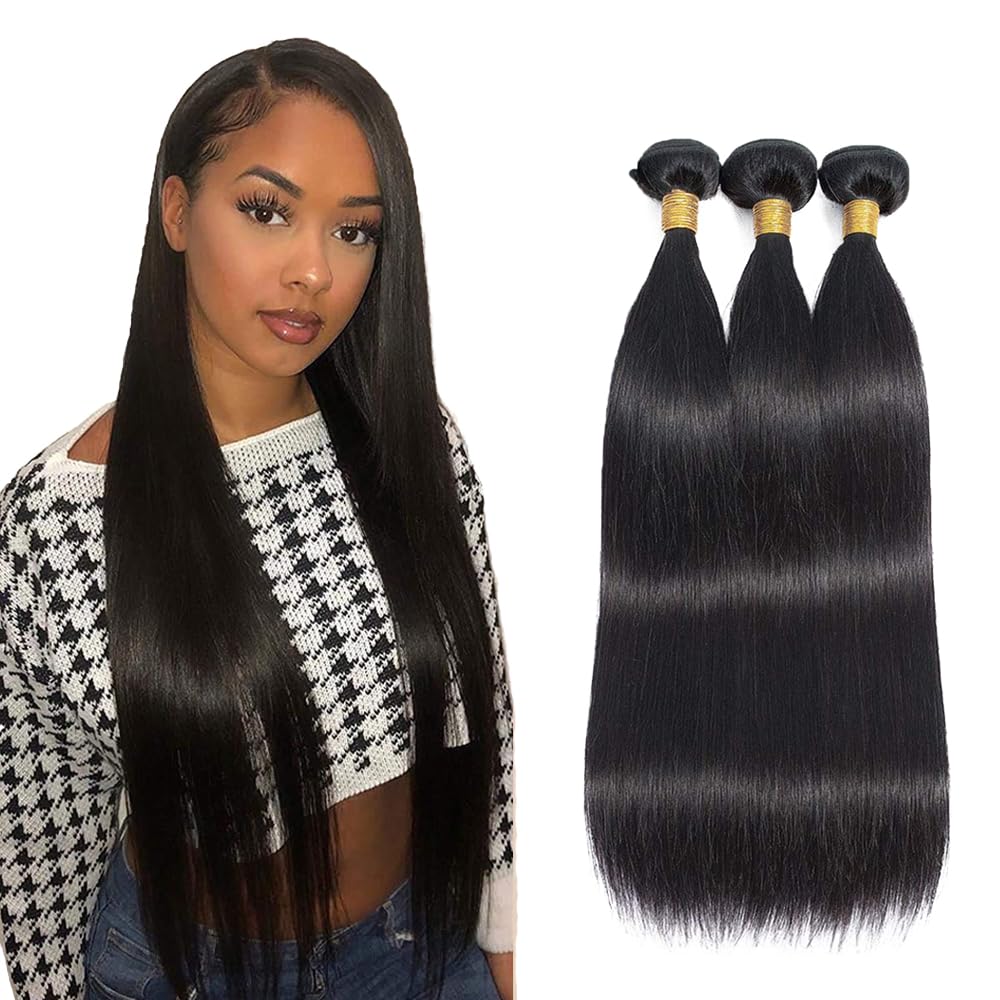30 32 34 Inch Straight Bundles Human Hair Black Human Hair Bundles Straight Color 1B Bundle Unprocessed Natural Black Bundle 150g