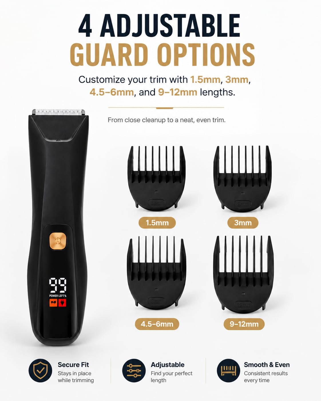 QUUQ Trimmer for Men - Body Hair Trimmer for Men -SkinSafe- Manscape - Ball Trimmer Men with Display & Light - IPX 7 Rated Waterproof Groomer kit for Groin Rechargeable with Ceramic Blades with 5 Kit