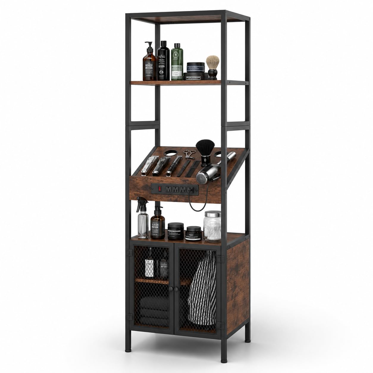RESHABLE Industrial Salon Station for Hair Stylist, Salon Storage Cabinet with Dryer Hole, 7 Tool Holders, Power Outlets, Styling Equipment for Barber Bathroom, 70.8" H, Rustic Brown