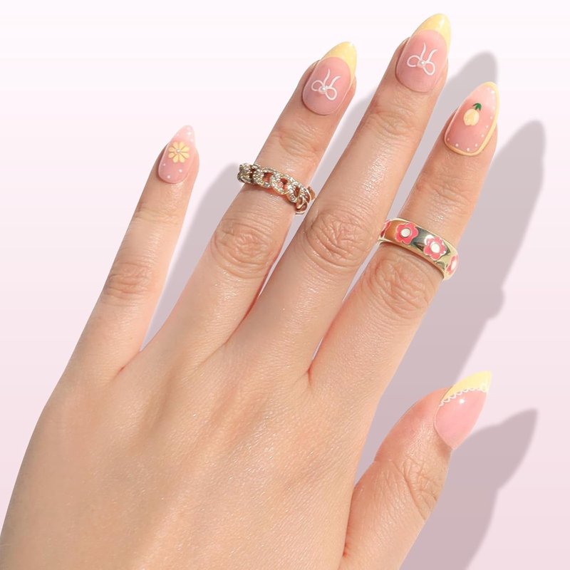 Press On Nails - Lemon Tart Soft Pink Short Almond with Wavy Yellow French Tips & 3D Jewels | 32 Pcs in 16 Sizes