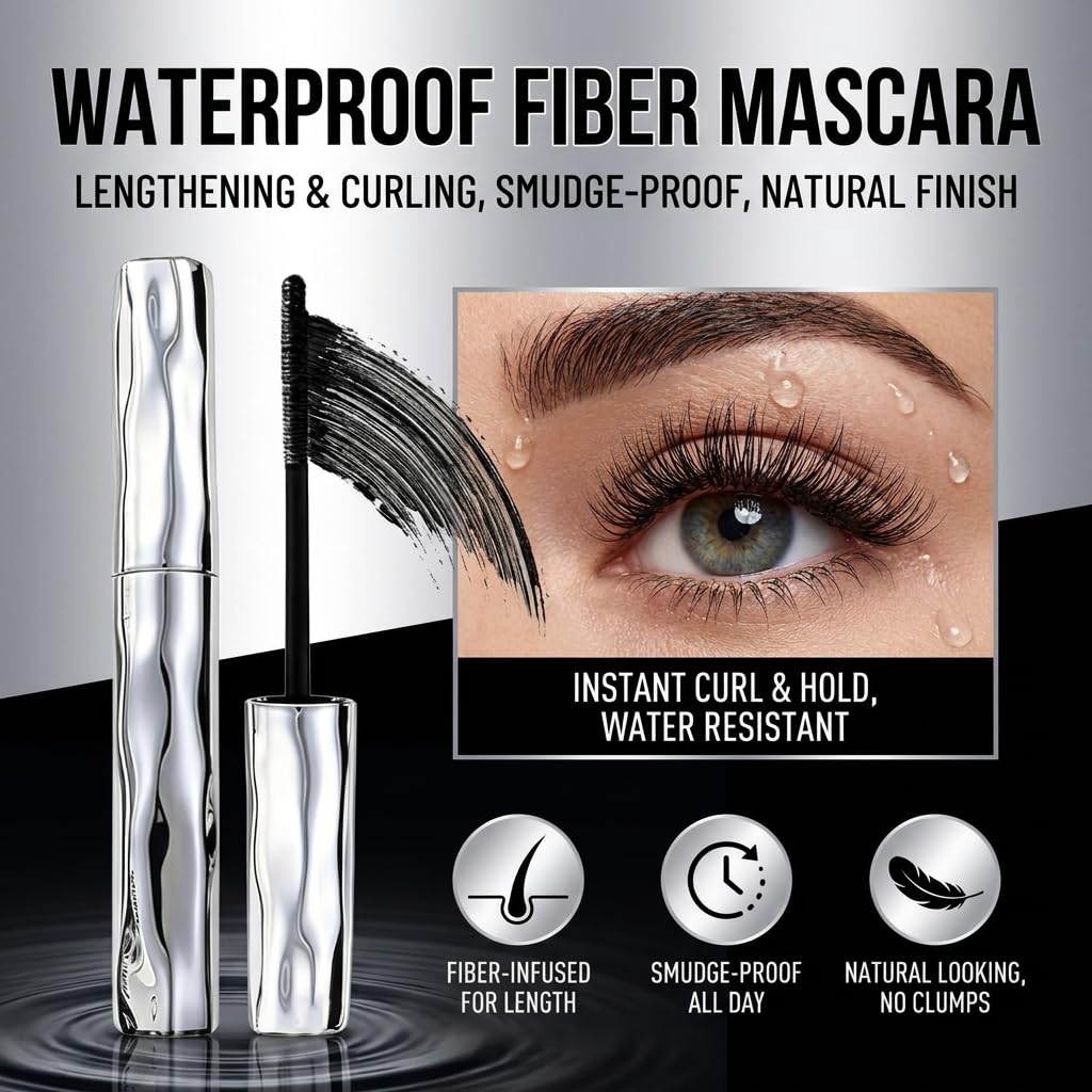 Waterproof Fiber Mascara - Volume & Length Without Clumping | Smudge-Proof, Curling Eyelash Iron (1 Pc)