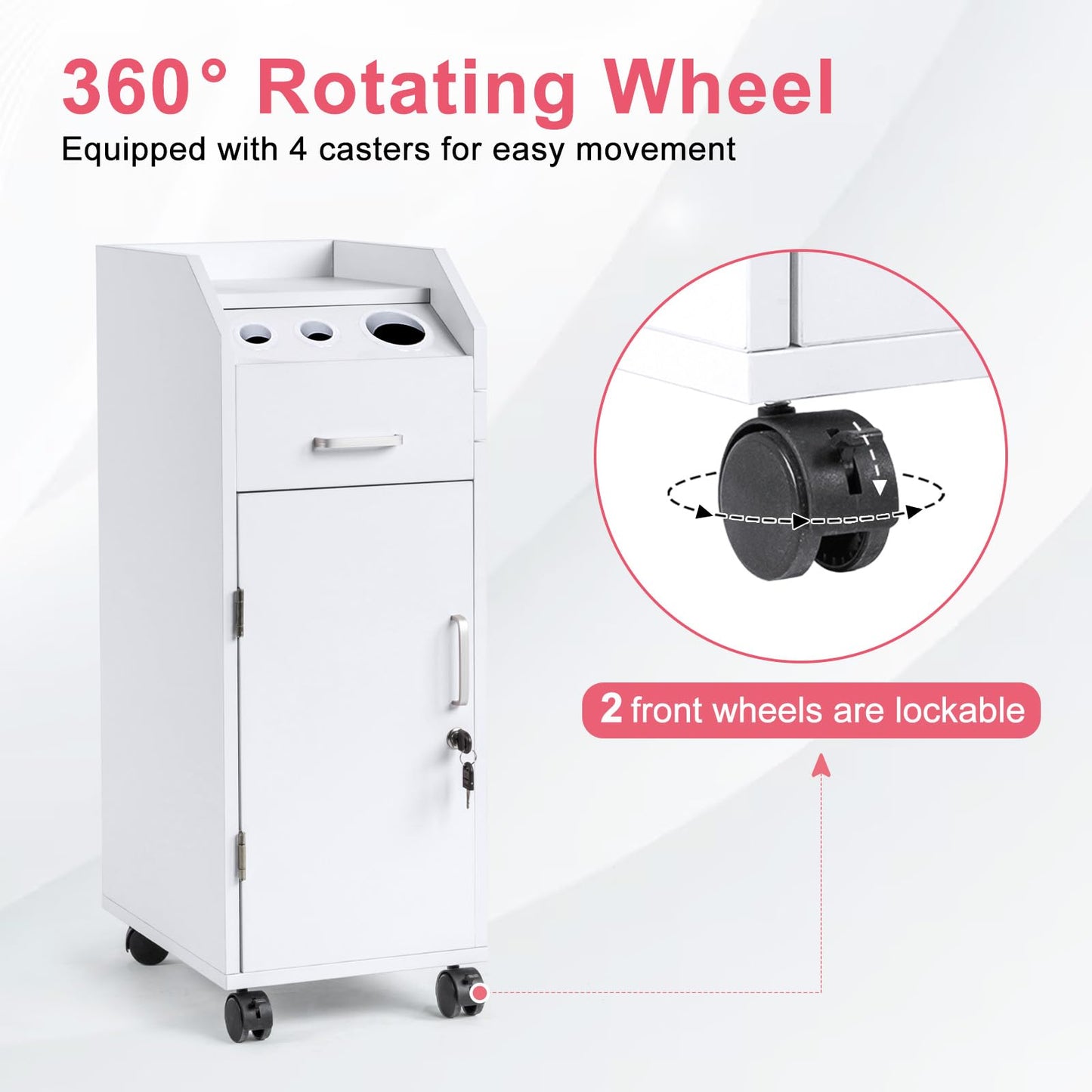 Winado Hair Salon Storage Cart with Wheels & 3 Hair Dryer Holders & 4 Drawers & Lock & 2 Keys, Hairdressing Tools Station Mobile Makeup Case, SPA Utility Trolley (White)