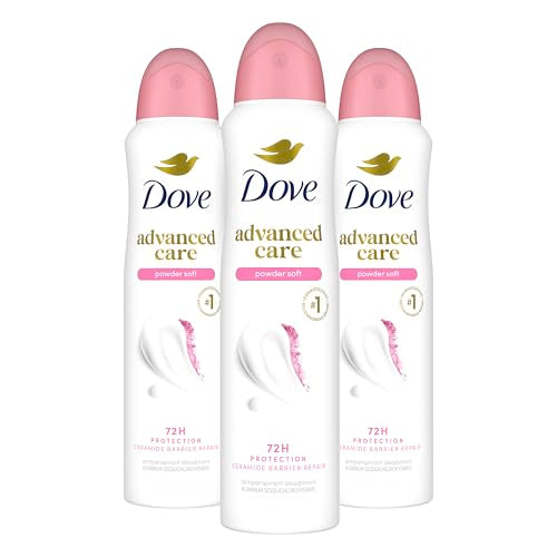 Dove Advanced Care Antiperspirant Deodorant Spray Powder Soft 3 Count to help skin barrier repair after shaving 72 hour antiperspirant deodorant for soft underarms with boosted ceramide levels 3.8 oz