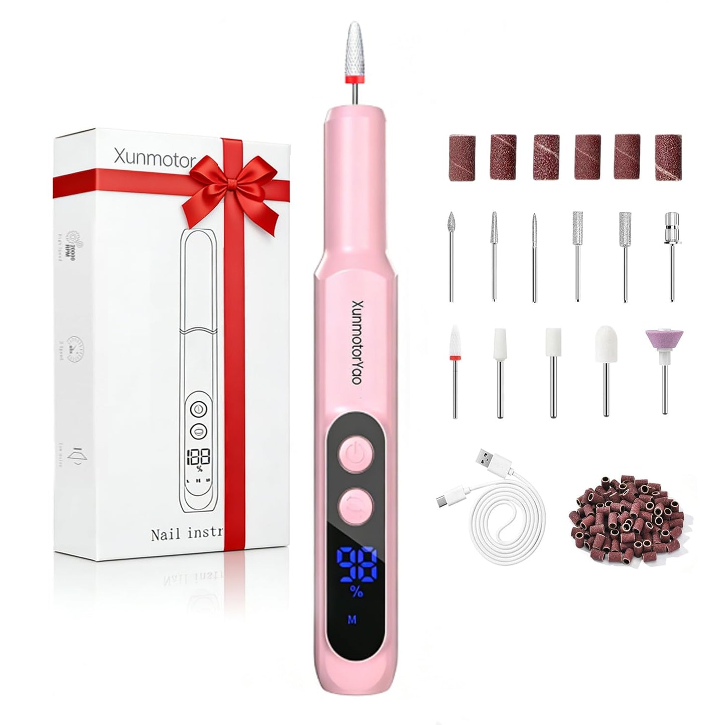 Rechargeable Electric Nail Drill Machine - Cordless Professional Nail File with LED Display for Acrylic Gel & Dip Powder Nails | Pink