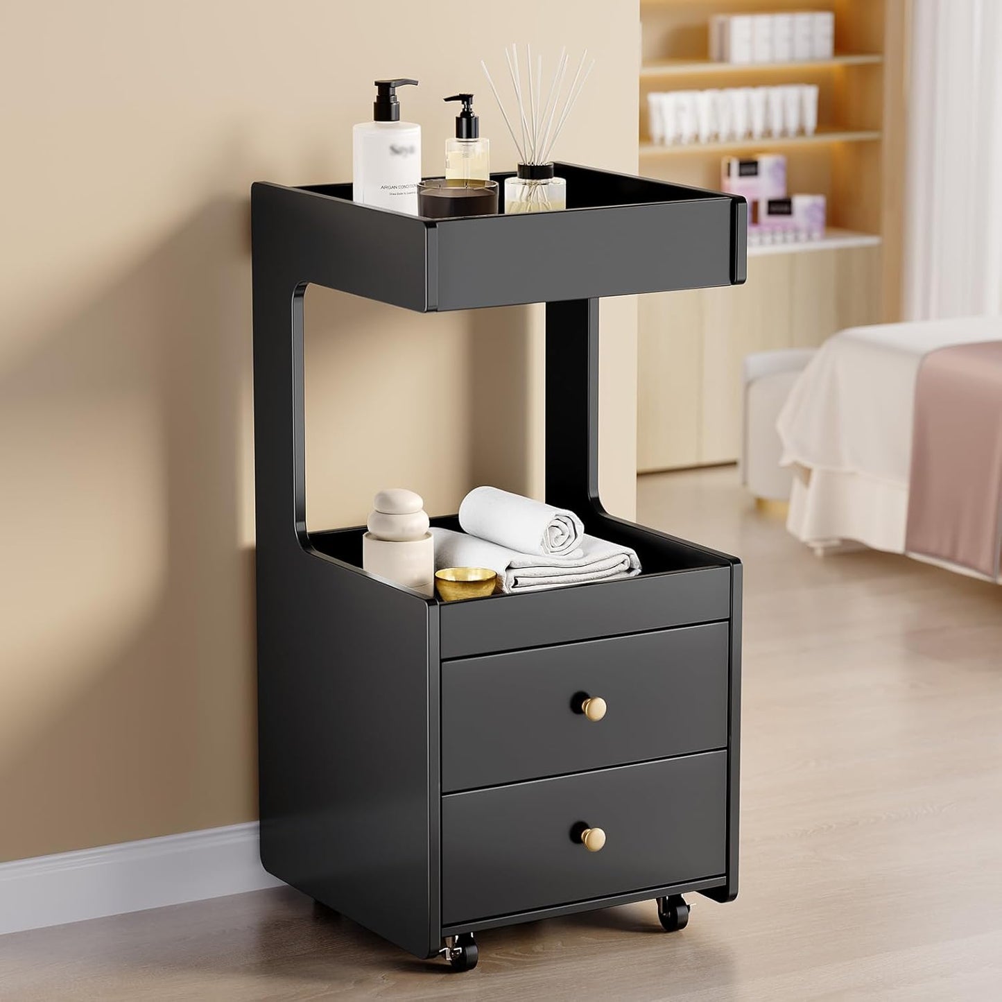 OmySalon Salon Trolley Cart - Mobile Hair Styling Station with 2 Drawers & Open Shelf | Black Storage Utility for Beauty Spa