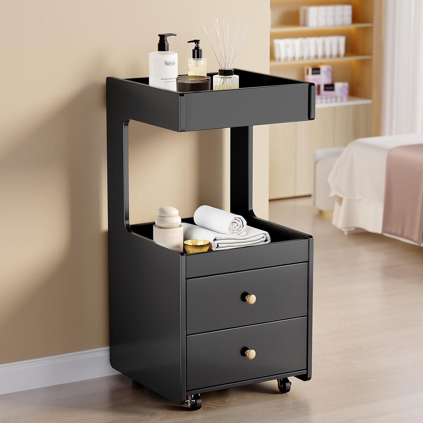 Salon Trolley Cart - Esthetician Tool Organizer with 2 Drawers & 2 Trays | Black Hair Styling Station