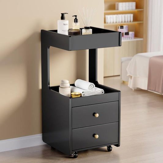 Salon Trolley Cart - Esthetician Tool Organizer with 2 Drawers & 2 Trays | Black Hair Styling Station