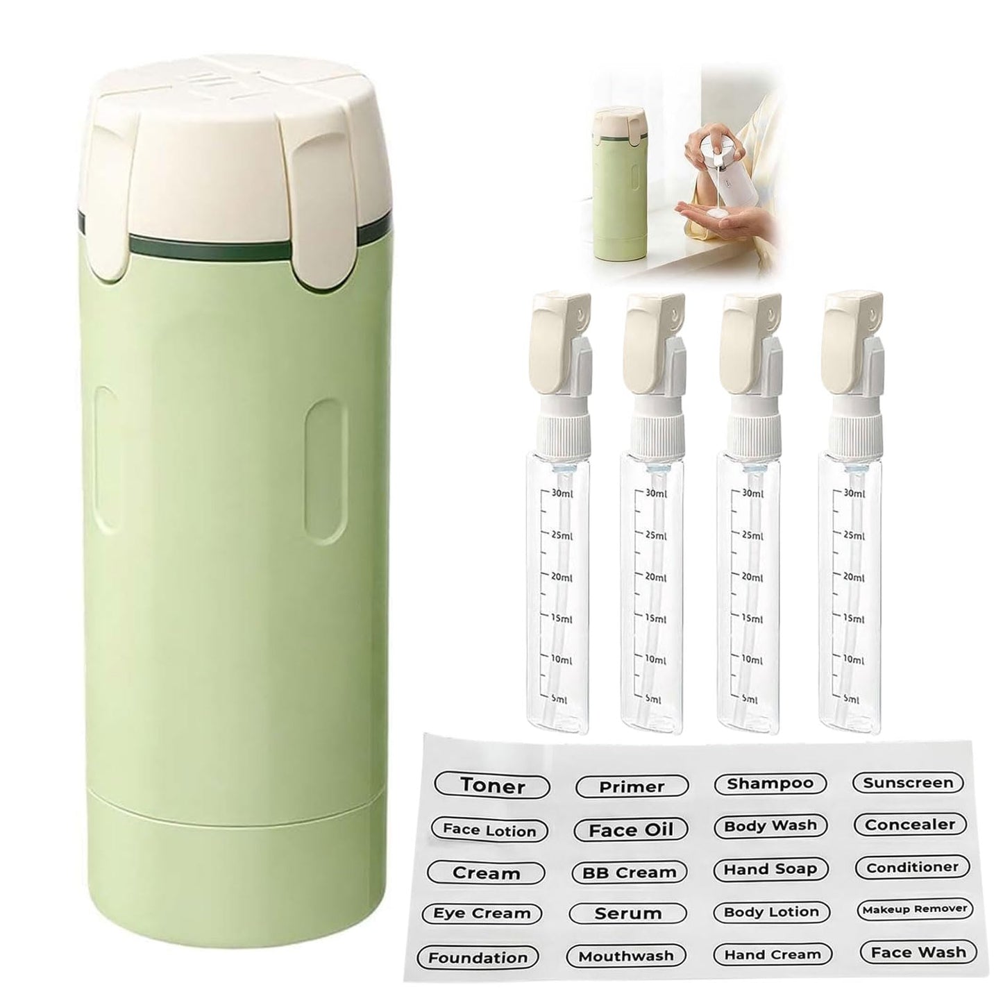 4 in 1 Travel Dispenser, Travel Dispenser Bottle, Leakproof Toiletry Bottles with Stickers, for Shampoo, Lotion, Conditioner and Cream, Ideal for Business Trips, Gym and Camping (Green)