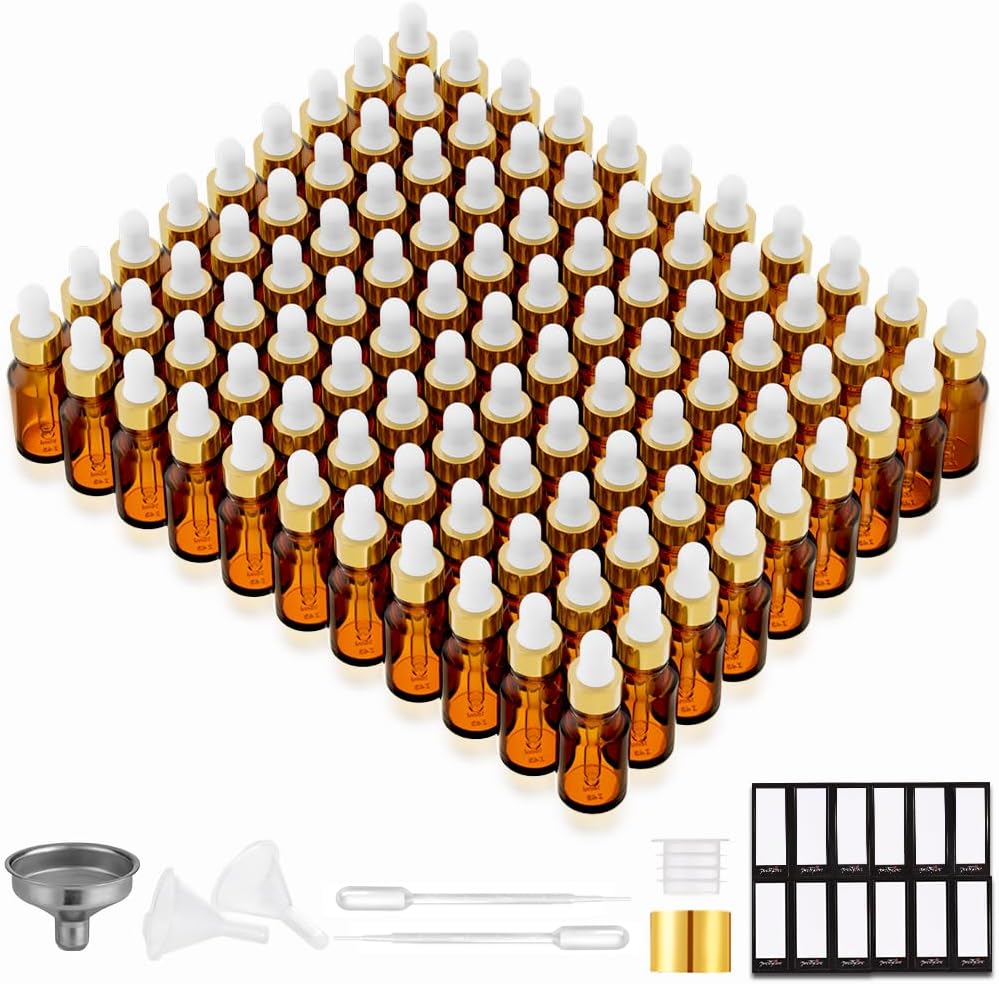 Glass Eye Dropper Bottles - 24 Pack 0.5oz Amber Leakproof Bottles with Golden Caps | Perfect for Essential Oils, Tinctures, Travel