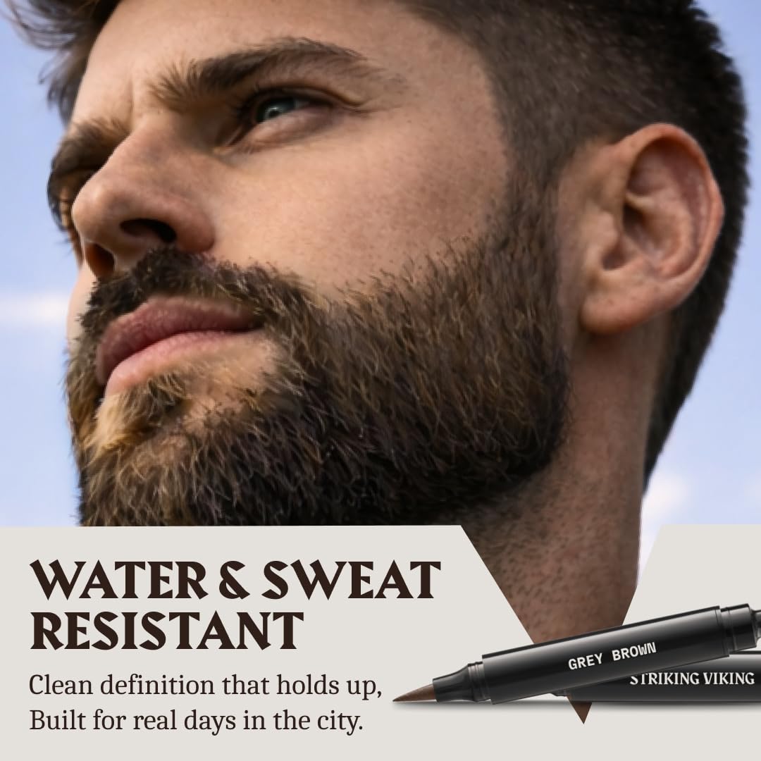 Striking Viking Beard Pencil Filler For Men - Grey Brown, 2 Pens Pack - Temporary Beard Dye - Waterproof Sweatproof Long Wear Beard Filler Pen for Touchups & Gap Contouring - Enhances Facial Hair