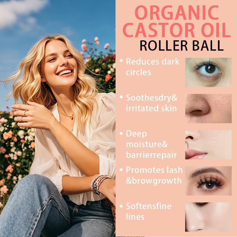 Organic Castor Oil - Cold-Pressed Pure Oil with Rose Quartz Roller for Hair Growth, Eyelashes & Skin | 1.7 fl oz