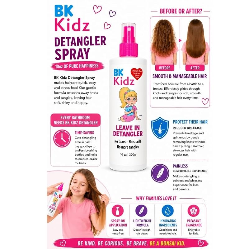 Bonsai Kids Hair Detangler Spray 10oz - Gentle Kids Hair Tamer & Leave-In Conditioner