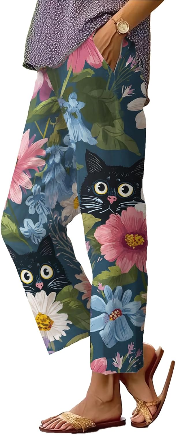 Womens Plus Size Floral Boho Capris - Elastic Waist Beach Trousers | Casual Summer Pants