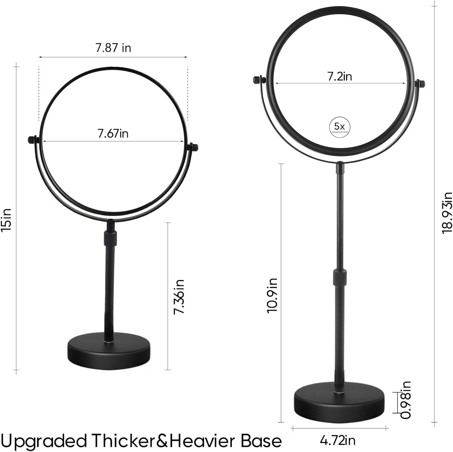 Adjustable 8-Inch Makeup Mirror - 5X Magnification, Double-Sided, Matte Black Finish | Perfect for Countertop Use