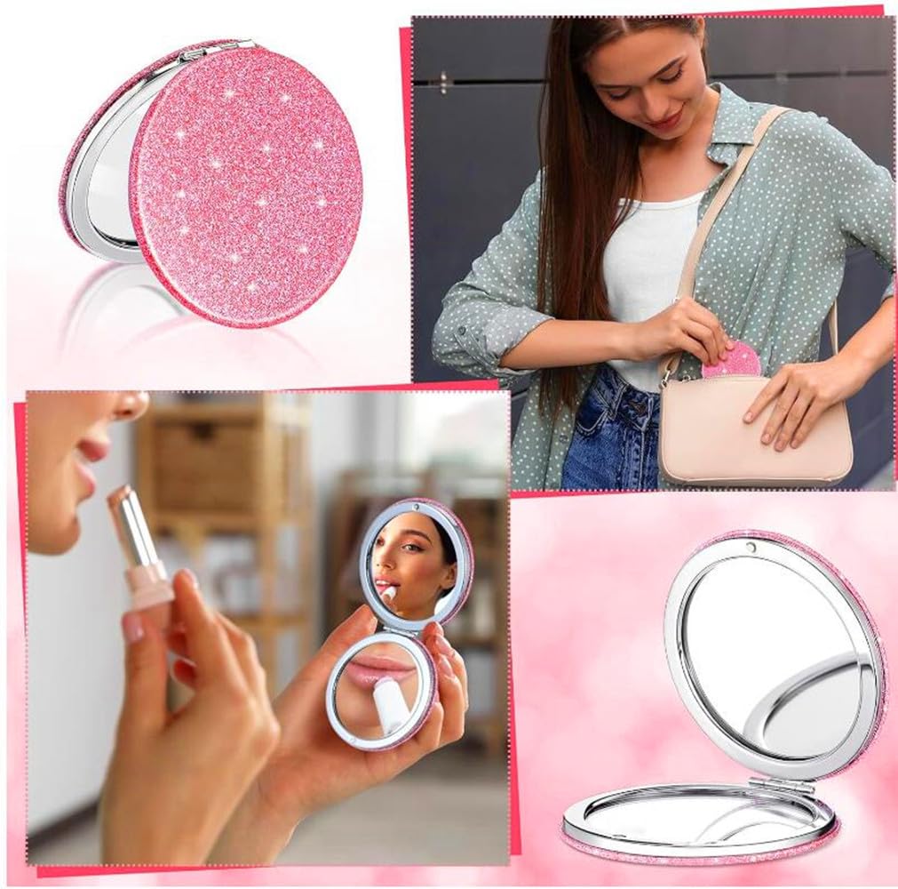 mpowtech Cute Pink Compact Mirror for Women,Small Magnifying Travel Mirror with Glitter,Portable 2 x 1x Magnification Folding Pocket Makeup Mirror Cosmetic Mirror for Gift Travel Essentials
