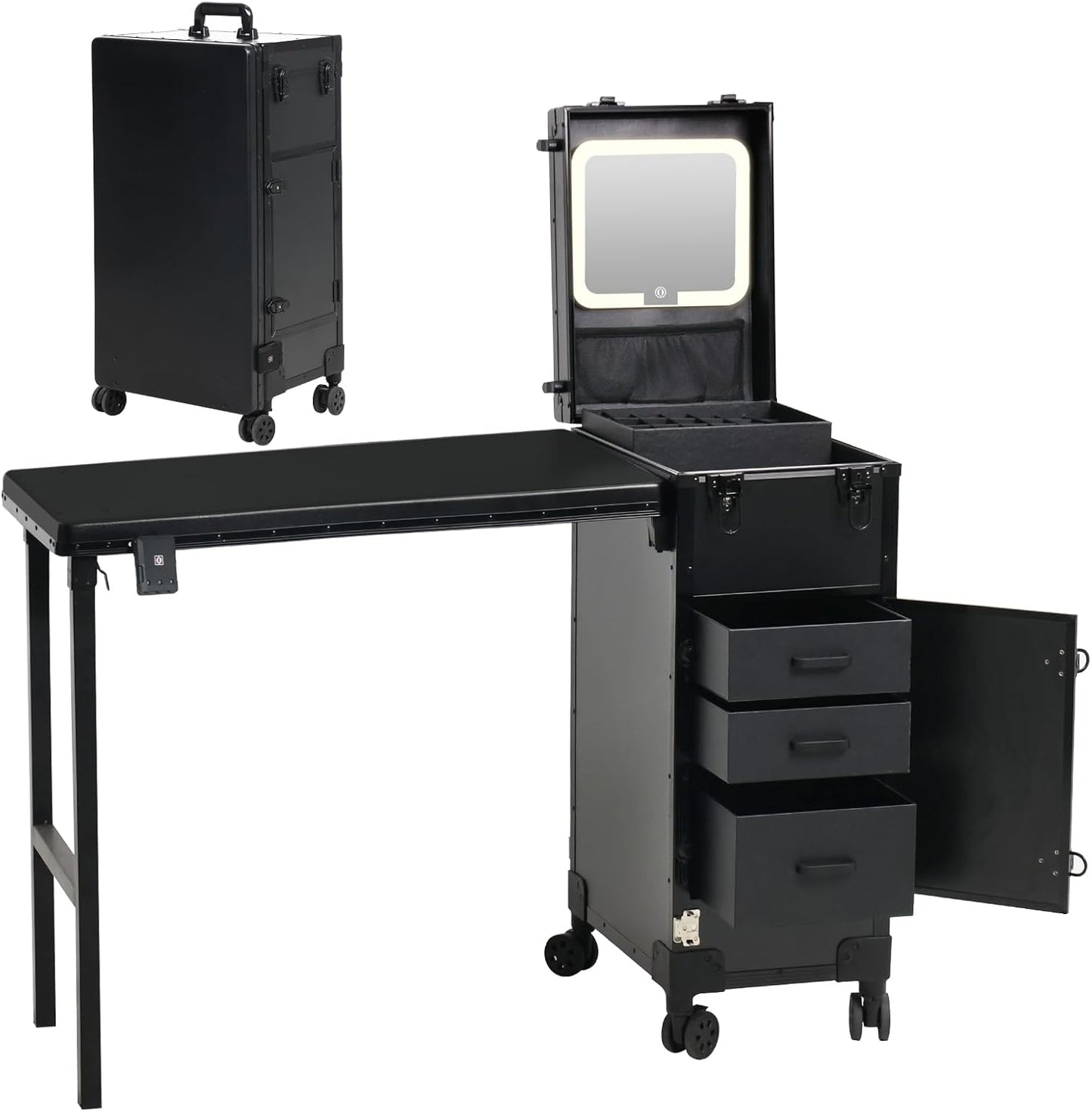 Portable Manicure Table - Rolling Nail Desk with 3 Drawers & Lockable Makeup Case | Pink with Detachable Mirror
