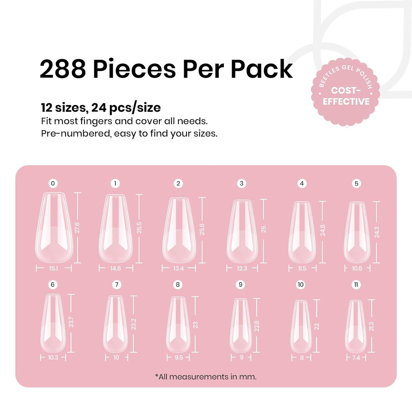 Coffin Gel Nail Tips | Medium Half Matte Press-On Nails - 288 Pcs, 12 Sizes for Easy DIY Manicure