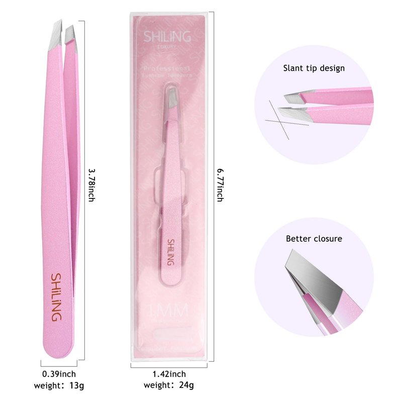 SHILING Professional Stainless Steel Tweezers, 1MM High-Precision, Pink, 3.78 inch, for Men and Women Eyelash and Facial Hair Removal