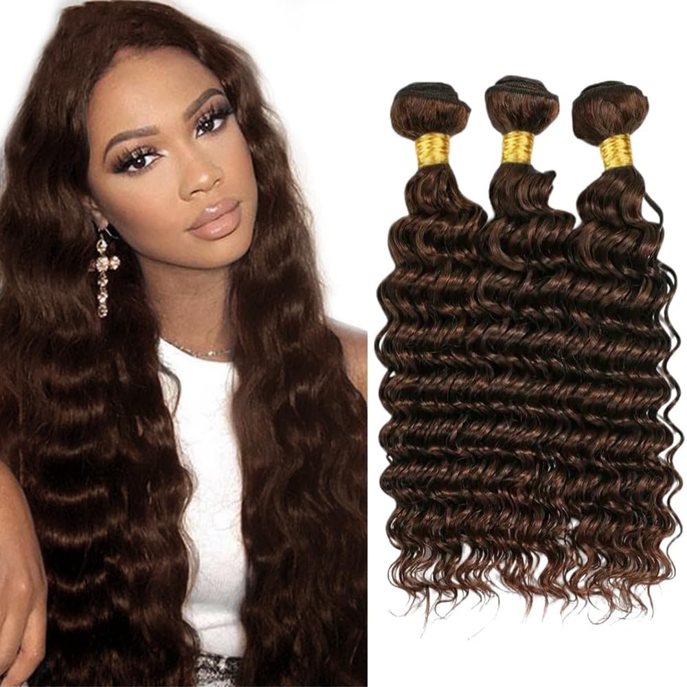 28 30 32 Inch Dark Brown Bundles Color #4 Deep Wave Bundles Human Hair Mixed Length 3 Bundles Brazilian Virgin Hair Soft And Shiny Hair Weave