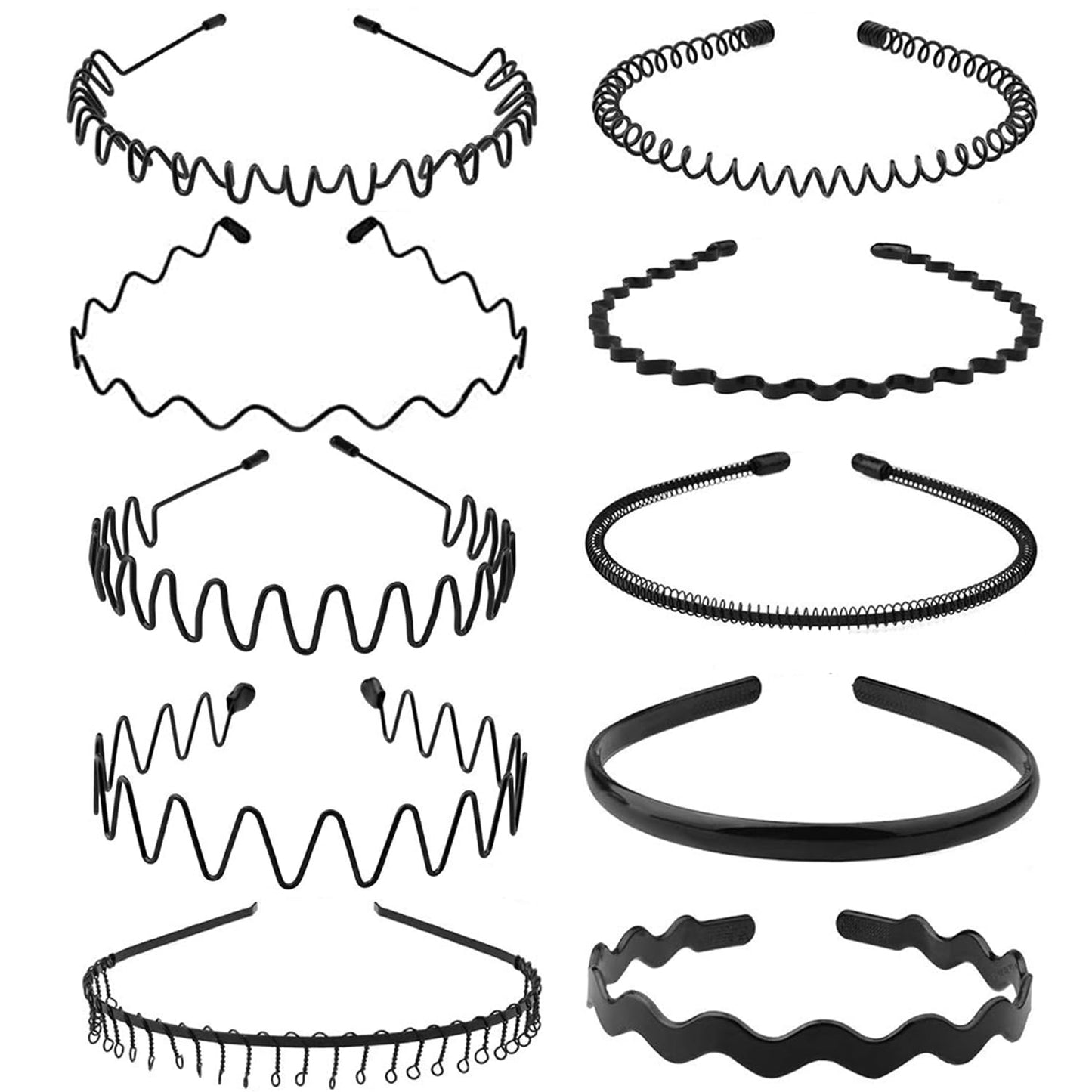 Adjustable Metal Headbands for Men & Women - Non-Slip Zigzag Design | 3 Pack Black Sports Hairbands for Running & Workouts