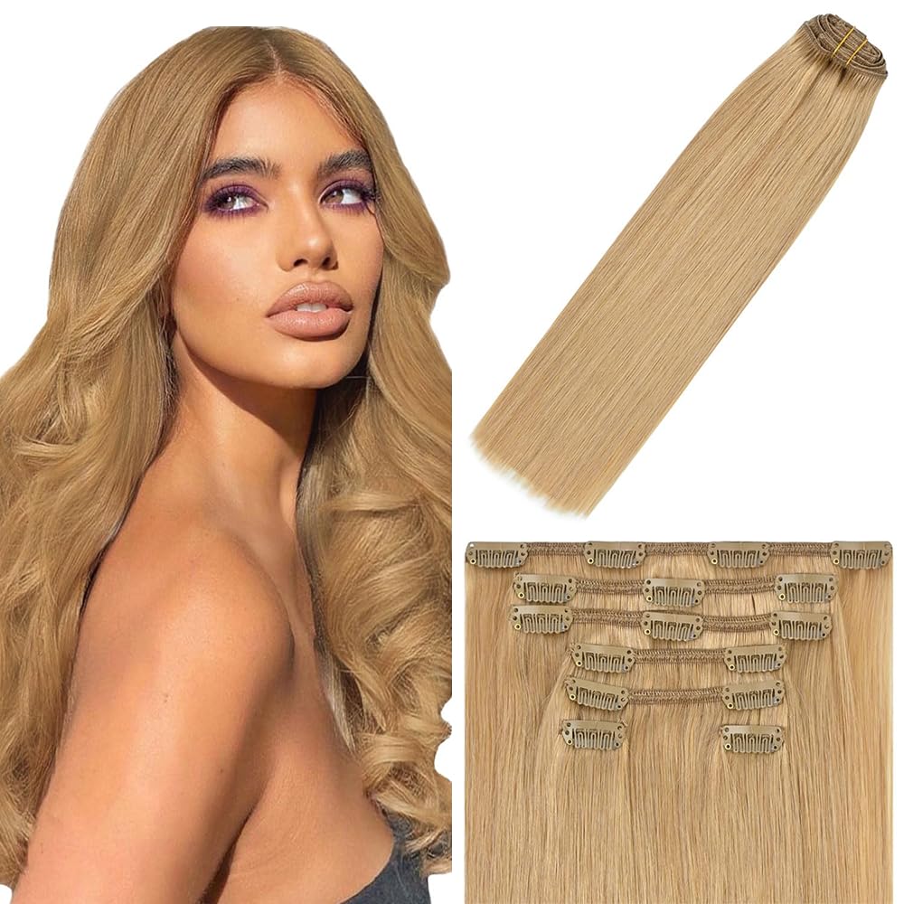 Clip in Hair Extensions Real Human Hair #27 Blonde, 12 Inch 120g/7Pcs,Full Shine Remy Human Hair,Honey Blonde Straight Clip ins Brazilian Virgin Human Hair Extensions