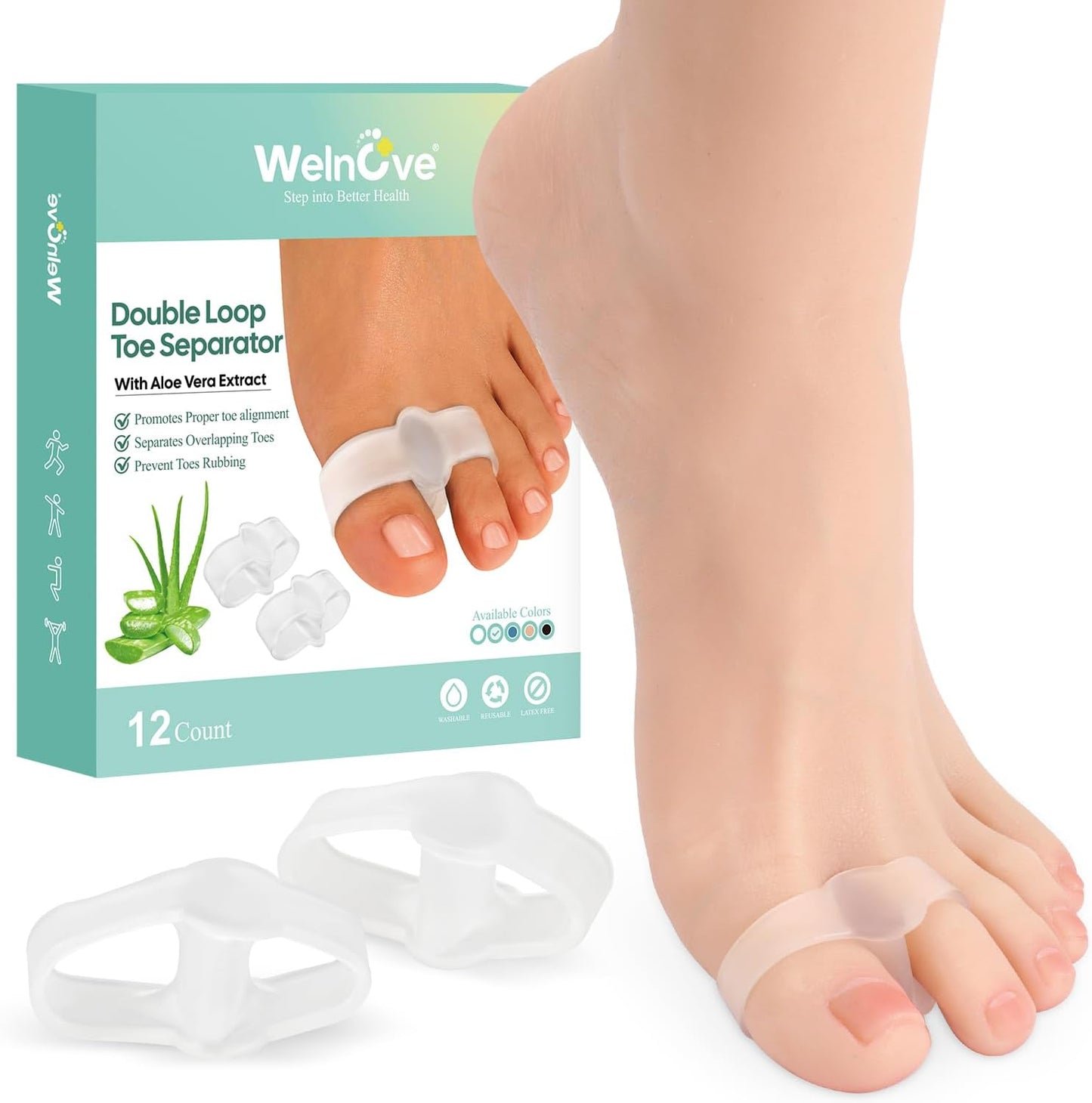 Bunion Corrector - Pack of 12 Toe Separators with 2 Loops | Big Toe Spacer with Aloe Vera Extract - Clear