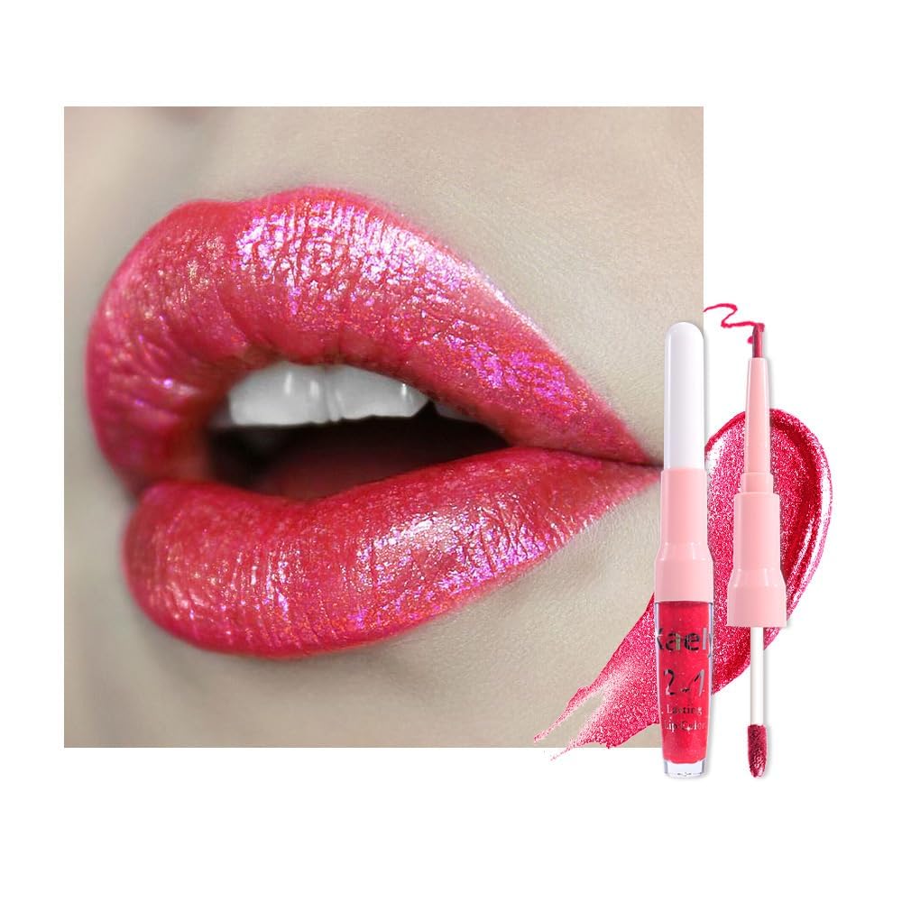 Dark Purple Red Metallic Glitter Lip Liner & Lipstick Combo - Long Lasting Waterproof Liquid Lipstick Set for Women | Iridescent Shine, Non-Stick Cup