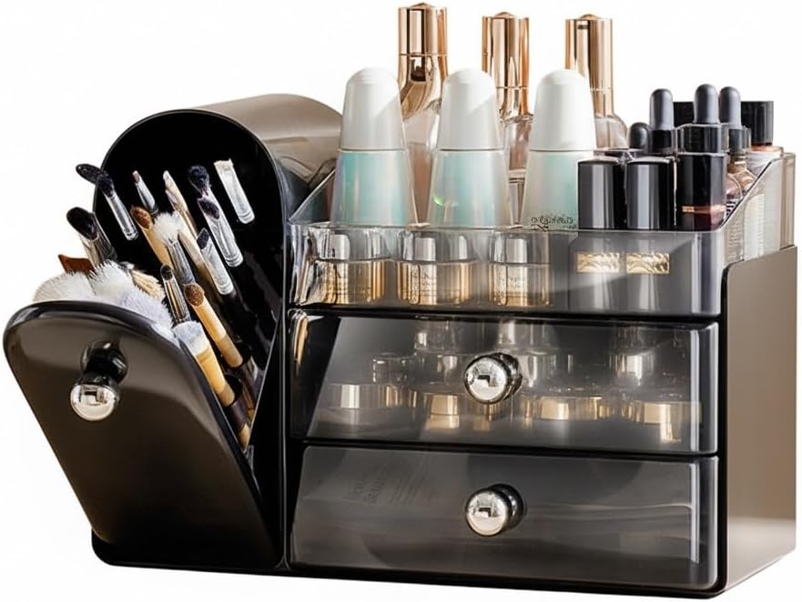 Makeup Organizer with Sliding Brush Holder - Clear Skincare Storage Case for Vanity & Bathroom (Black)