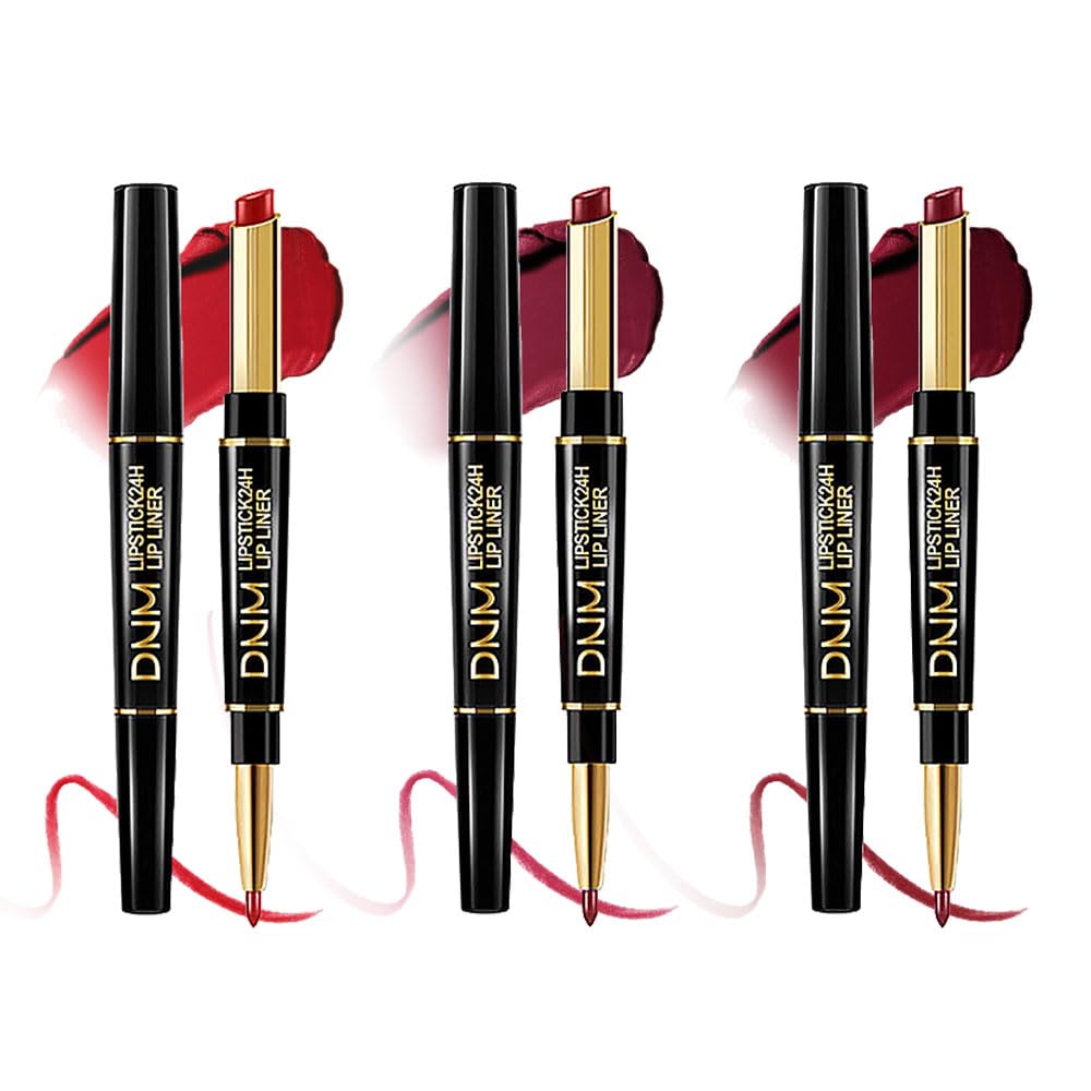 HHLTOH 3Pcs 2-in-1 Lip Liner and Lipstick Set for Women, Wine Red Matte Shimmer Lip Kit, Long-Lasting Waterproof Non-Drying Lipstick for Mature Skin, Vegan & Cruelty-Free