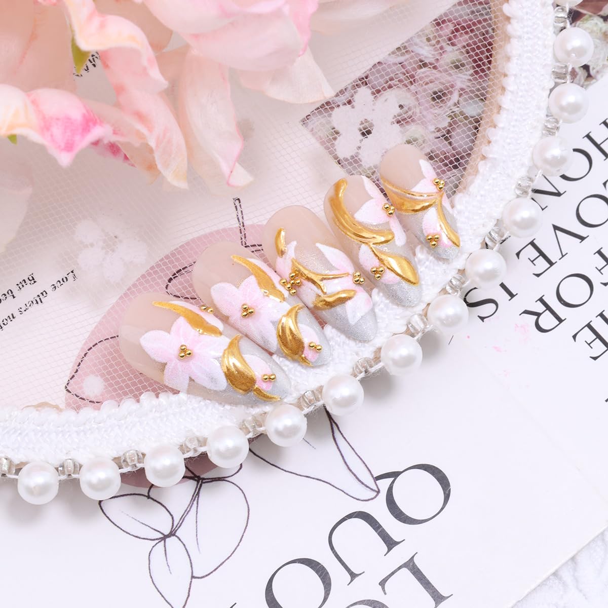 24Pcs Flower Press On Nails - Medium Almond 3D Floral Design with Gold Lines | Cute Spring Full Cover Fake Nails
