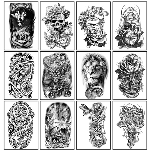 Yazhiji Wolf Temporary Tattoos Set for Men & Women - 36 Sheets, Waterproof & Realistic Body Arm Chest Shoulder Designs