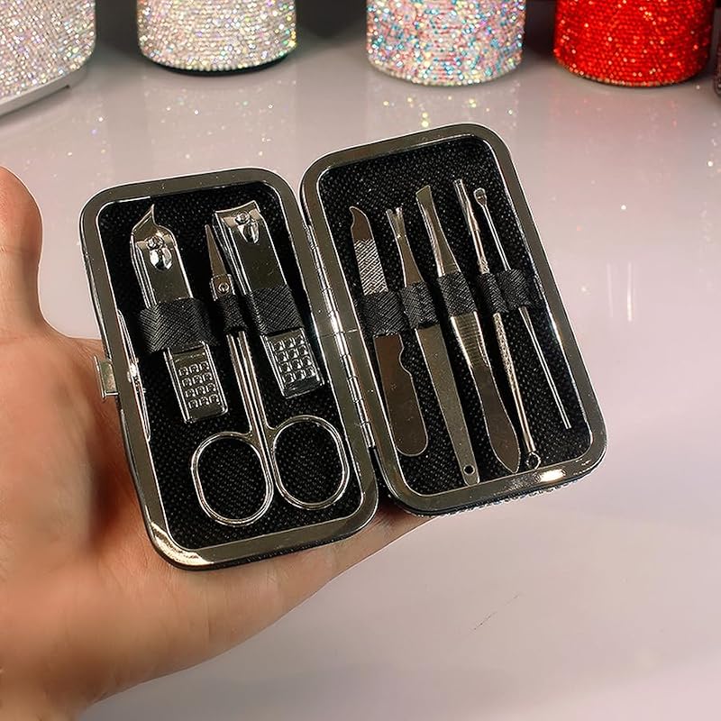 BestBling Rhinestone Manicure & Pedicure Kit - 8 Pieces Silver Travel Set