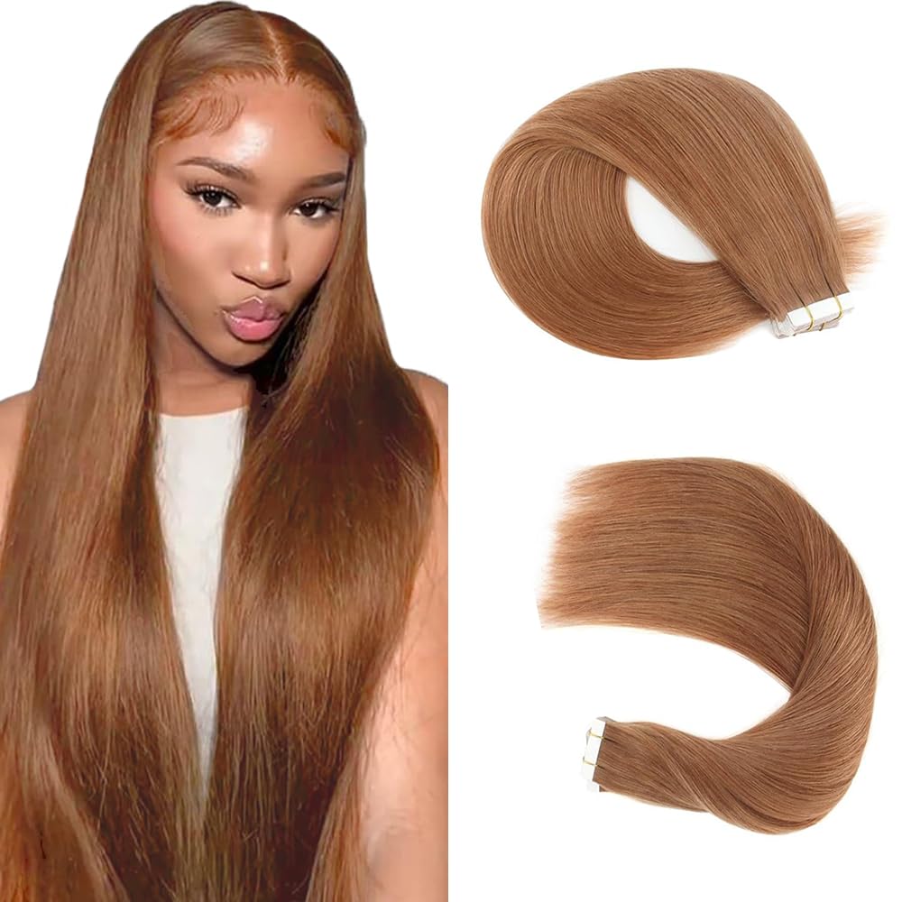 HuxoWax 26 Inch Tape In Human Hair Extensions #30 Light Brown Doubles Weft Invisible Straight Human Hair Tape In Extensions #30 Brown Weave 10 Packs Total 40g