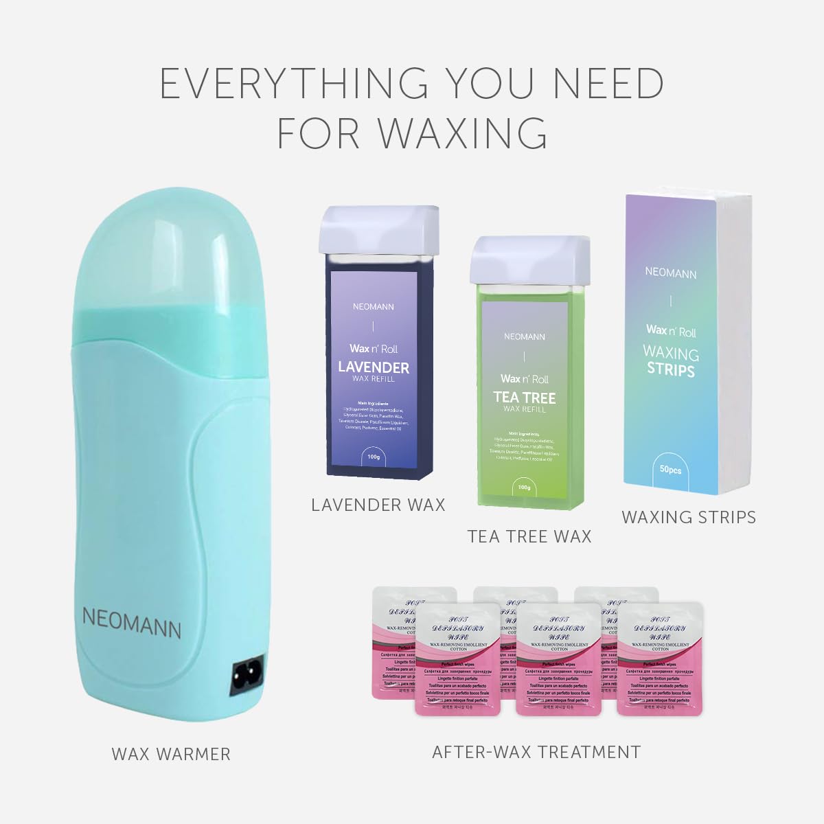NEOMANN Roll on Wax Roller Kit for Hair Removal with Tea Tree, Lavender, 50 Wax Strips for Hair Removal - Torouflage, with 6 Post-Wax Treatments