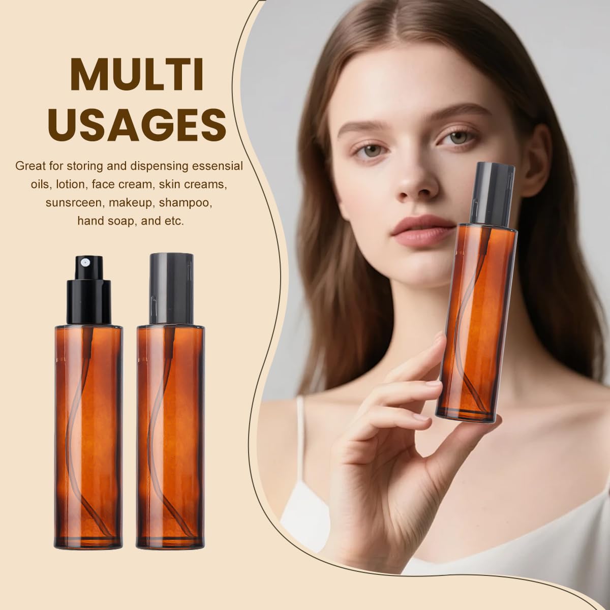 ASTRQLE 2 Pcs 100ml 3 4oz Amber Glass Spray Bottles Refillable Fine Mist Essential Oil Bottles Cosmetic Containers for Travel Aromatherapy Makeup Skincare